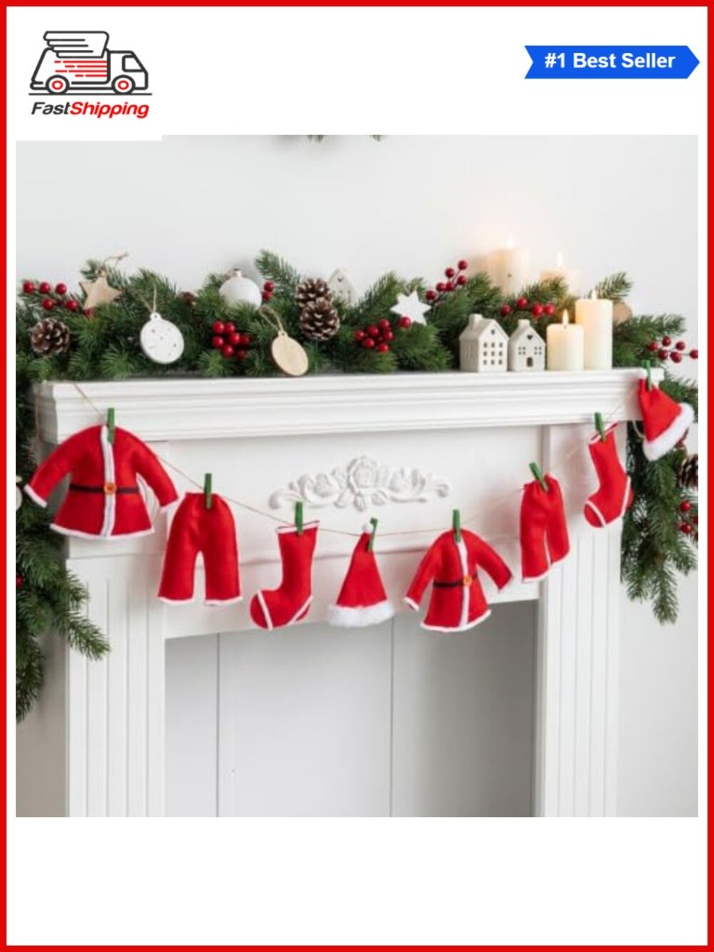 🎅 51" Felt Christmas Santa Clothesline Garland Banner Mantel Decor